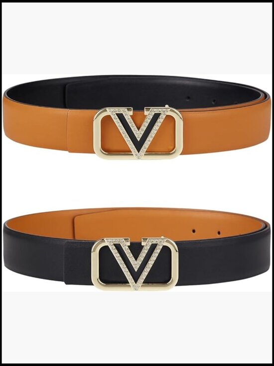 Reversible Leather Belt with Gold Buckle for Jeans Dresses Coats